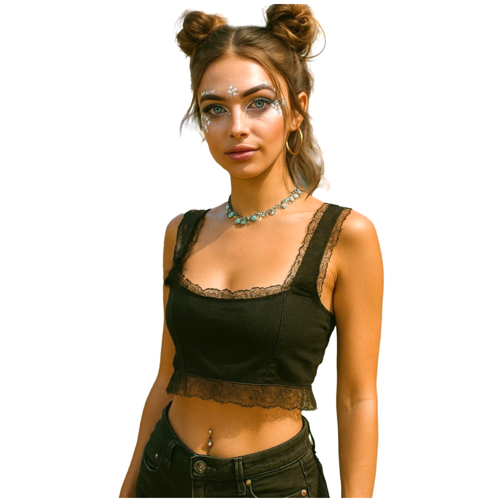 Dazy Cropped Tank Womens L Black Satin Bow Back Tie Lace Trim Festival Boho Rave